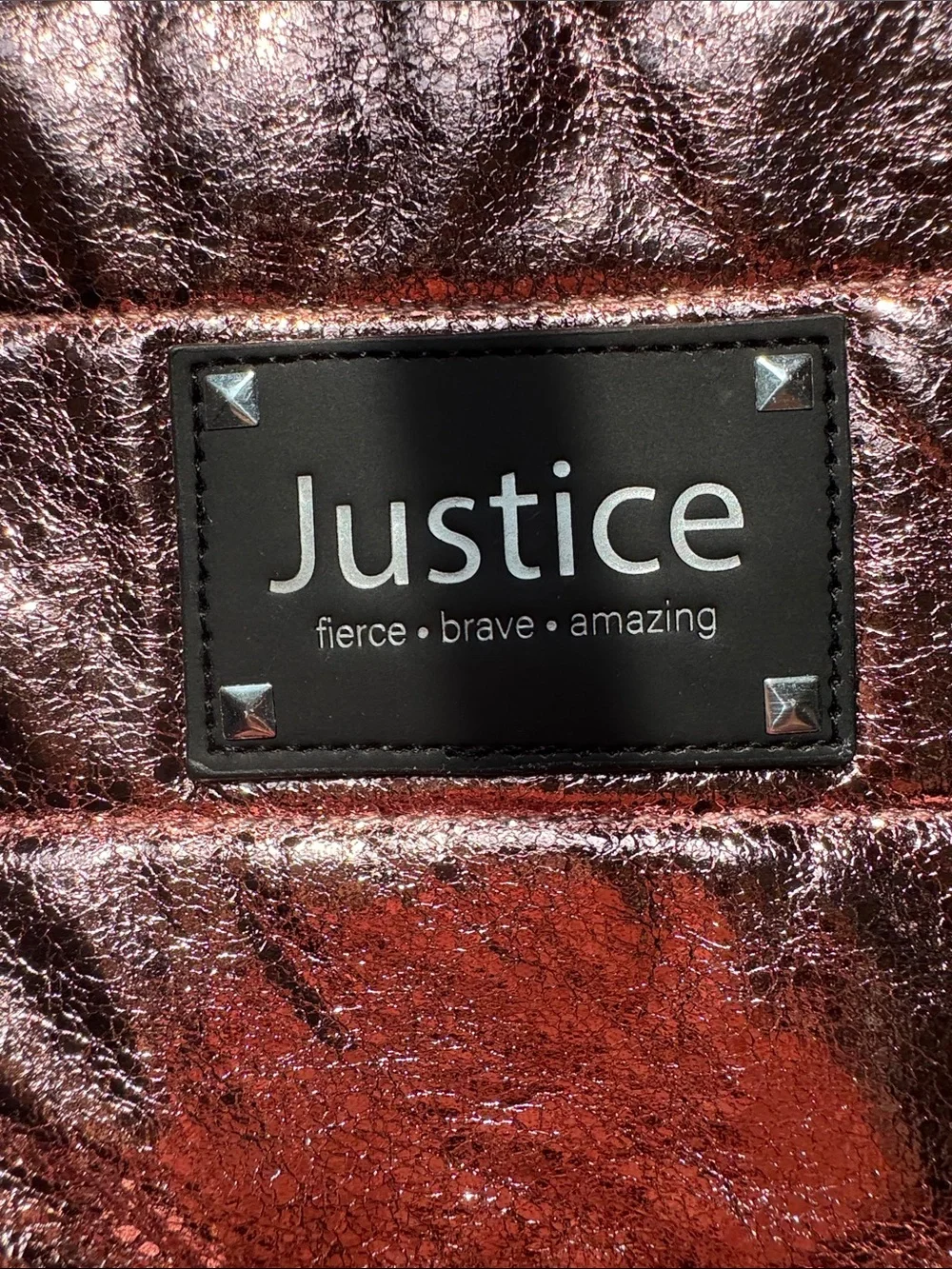 Justice Metallic Rose Gold Backpack with Black Pom
